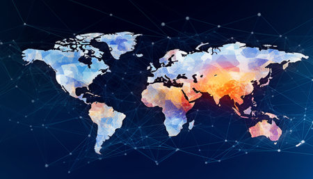 Abstract polygonal world map on dark blue background. Global network connection concept.の素材