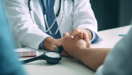 Doctor and patient discussing something while sitting at the table. Medicine and health care concept.の素材