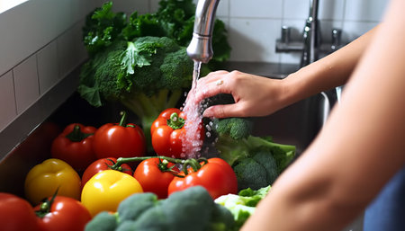 Young woman washing vegetables in kitchen, closeup. Healthy food conceptの素材