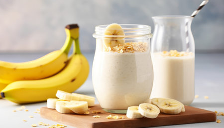 Delicious banana smoothie in glass jar on wooden board, closeupの素材