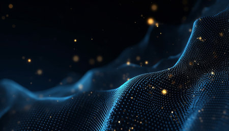 Data technology abstract futuristic illustration. Low poly shape with connecting dots and lines on dark background. 3D rendering. Big data visualization.の素材