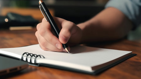 Man writing in notebook at wooden table, closeup. Business conceptの素材