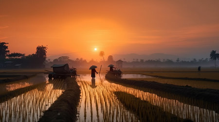 Farmer working on rice field in the morning at sunrise time.の素材