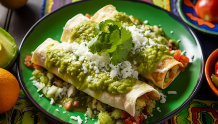 Mexican enchiladas with guacamole and salsaの素材