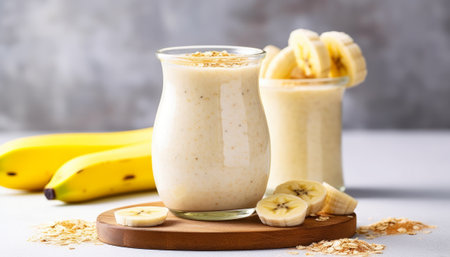 Banana smoothie with oat flakes in a glass on a light background.の素材