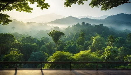 Morning fog in the tropical forest. Panoramic view of the mountain.の素材