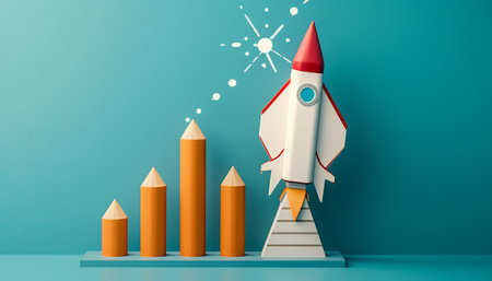 Startup concept with rocket and pencils. 3D rendering.の素材