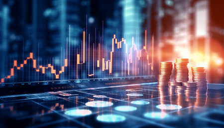Double exposure of coin stacks with stock market graph and cityscape background.の素材