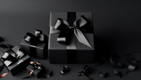 Black gift box with black ribbon on black background. 3d renderingの素材