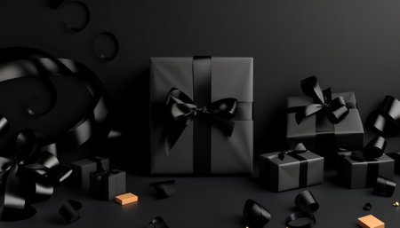 Black gift boxes with ribbon on black background. 3D rendering.の素材