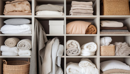 Closet with different clothes and towels in wardrobe, closeupの素材