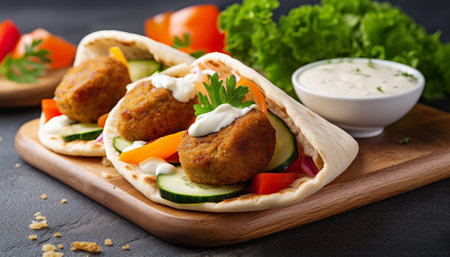 Falafel with vegetables and sauce on a wooden board, horizontalの素材