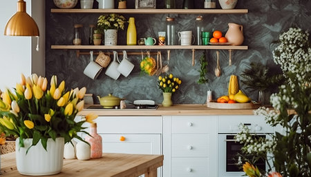 Interior of modern kitchen in scandinavian style with yellow flowersの素材