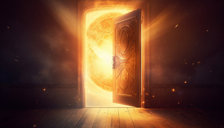 Door opening to bright light and smoke. 3D Renderingの素材