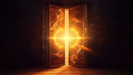 Open door with bright light coming through it. 3D Renderingの素材