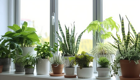 Beautiful houseplants on windowsill at home. Interior designの素材