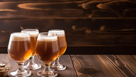 Beer glasses on a wooden background. Beer glasses on a wooden background.の素材