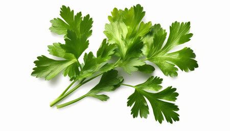 Fresh parsley leaves isolated on white background. Top view. Flat lay.の素材