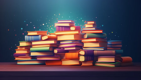 Stack of colorful books on wooden table. Education concept. 3D Renderingの素材