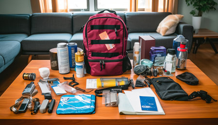 Hiking equipment on the table in the living room at home.の素材