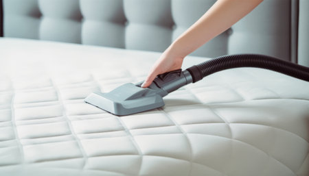 Close-up of a woman cleaning the bed with a vacuum cleanerの素材