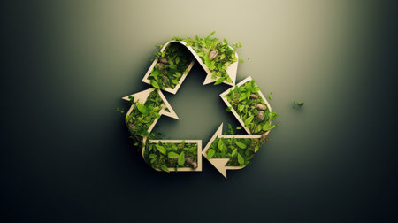 Recycling symbol made of green leaves. 3D illustration.の素材