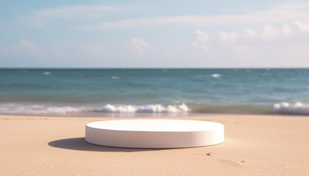White round podium on sandy beach with blue sea and sky background.の素材