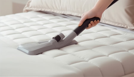 Close up of woman's hand cleaning mattress with vacuum cleaner in bedroomの素材