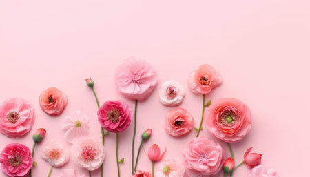 Flowers composition. Pink ranunculus flowers on pink background. Flat lay, top view, copy spaceの素材