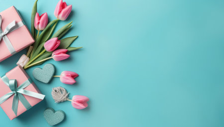 Gift box with pink tulips and hearts on blue background.の素材