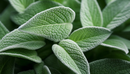 Close up of fresh green sage leaves. Natural background and texture.の素材