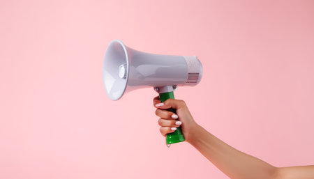 Female hand holding a megaphone on a pink background with copy spaceの素材