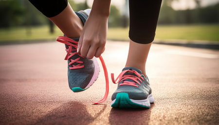 Runner athlete tying shoelaces on running track. woman fitness jogging workout wellness concept.の素材