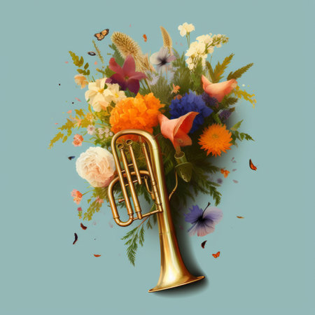 Beautiful bouquet of flowers with a trumpet on a blue backgroundの素材