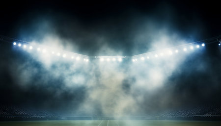 Stadium lights and spotlights. Night soccer stadium with floodlightsの素材