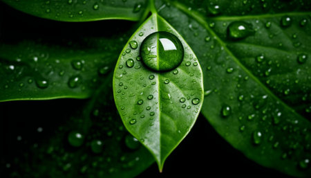 Water droplets on a green leaf close-up macro photography.の素材