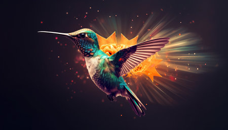 Hummingbird flying in the night sky with glowing stars. Collageの素材