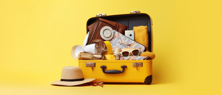 Suitcase with travel accessories on yellow background. Travel and vacation conceptの素材