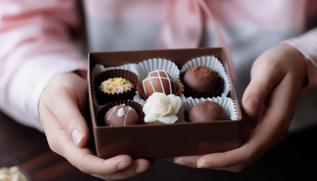 Woman holding box with delicious chocolate candies, closeup. Delicious dessertの素材