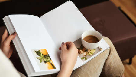 Close-up of a woman reading a book with a cup of coffeeの素材