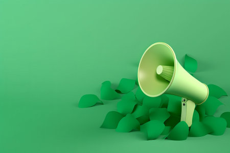 Green megaphone with leaves on green background. 3d renderの素材