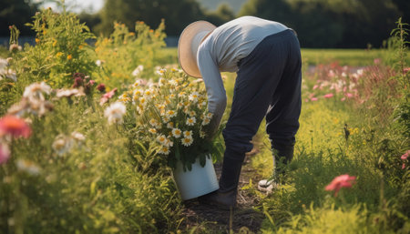 Woman planting flowers in the garden. Gardener working in the garden.の素材