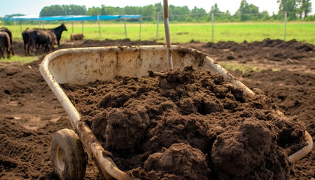 a wheelbarrow full of freshly dug soil in a farm fieldの素材