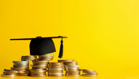 Graduation cap and stack of coins on yellow background, education conceptの素材