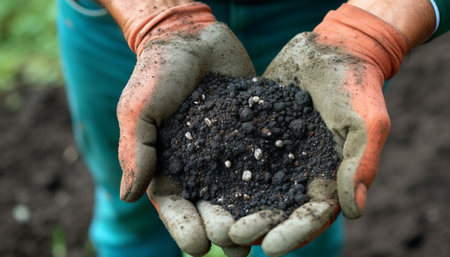 Farmer hands holding soil in his garden. Selective focus.の素材