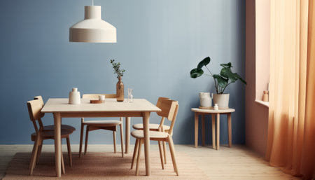 Interior of modern dining room with blue wall and wooden floor. 3d renderingの素材