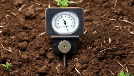Manometer in the soil. Conceptual photo of climate change.の素材