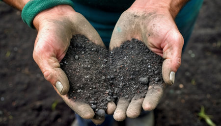 Farmer hands holding black soil for planting in the garden, close upの素材