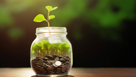 plant in the glass jar with coins on the wooden table and green backgroundの素材