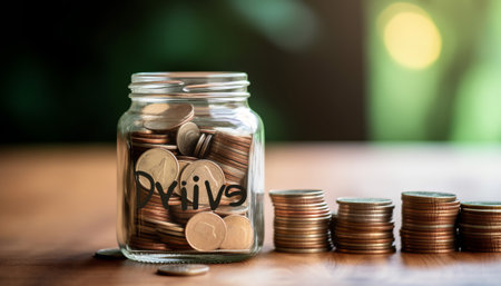 Coins in a glass jar with the word save on the background.の素材